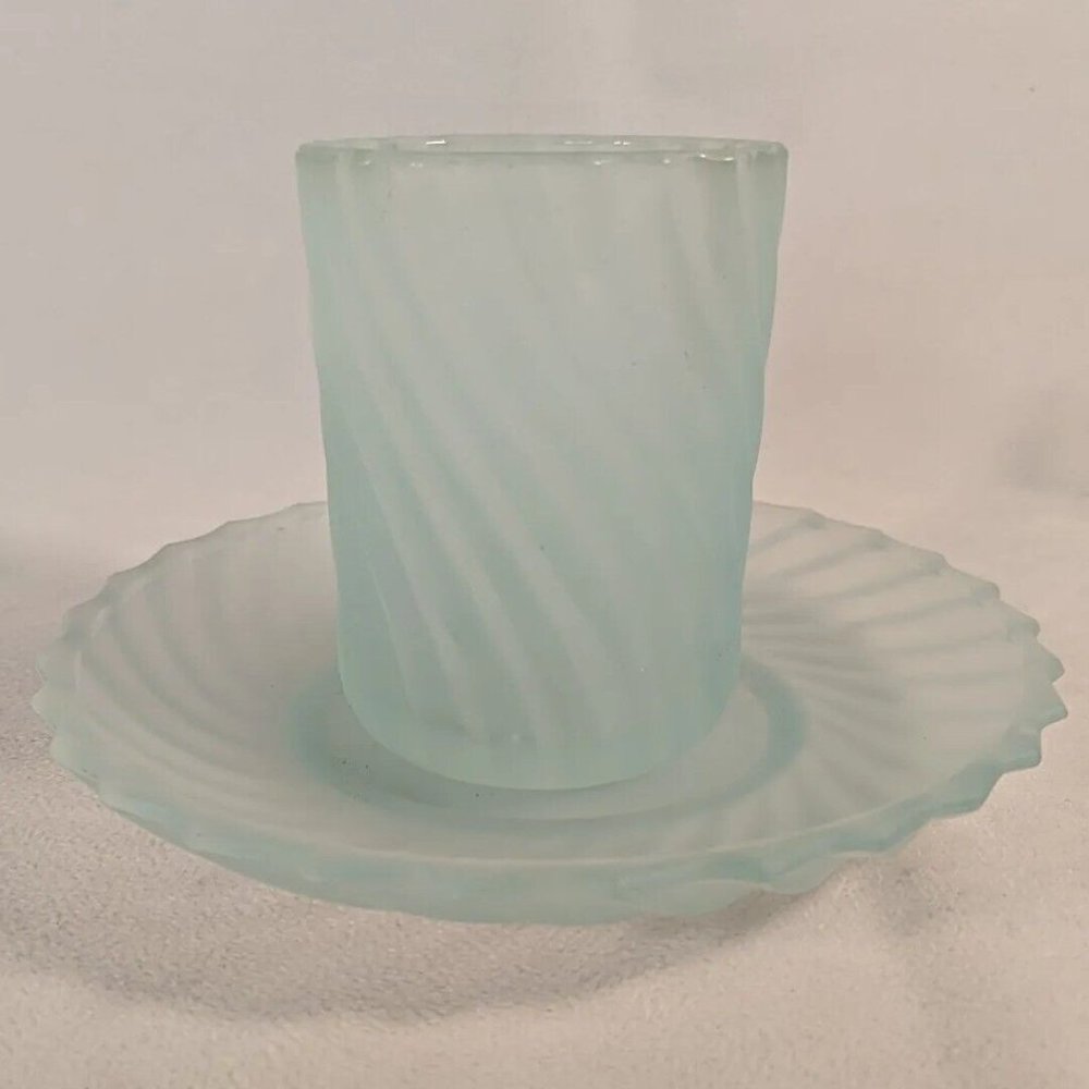 Andre Richard 1984 Green Satin Swirl Glass Cup plate & saucer Bedside Tumble Up